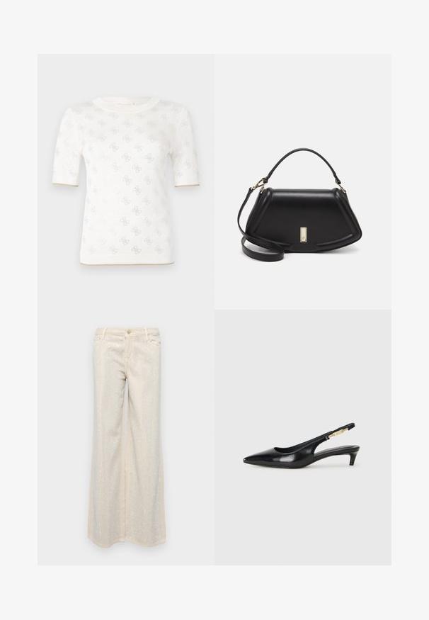 Skrócony, białe, dzianinowe top z krótkimi rękawami o subtelnym wzorze, z okrągłym dekoltem i złotym akcentem na dolnym brzegu. Tekstura wydaje się lekka i przewiewna.; Beżowe spodnie z szerokimi nogawkami, o gładkiej fakturze, ozdobione metalicznymi srebrnymi cekinami ułożonymi w wzór z przodu i z tyłu.; Czarne skórzane szpilki typu slingback z ostrym noskiem, posiadające smukły obcas i złoty akcent na regulowanym pasku. Gładka tekstura.; Czarna skórzana torebka o strukturalnym designie, z przyciętą formą, górnym uchwytem i złotymi akcentami. W zestawie regulowany pasek na ramię.