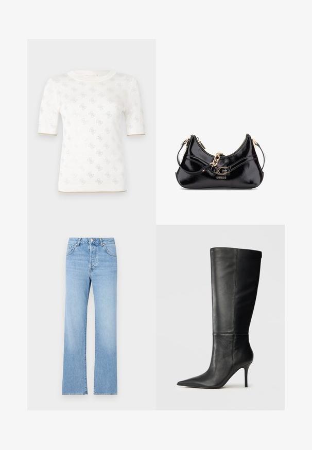 Valkoinen lyhythihainen neulepaita, jossa on hienovarainen kuvio, pyöreä pääntie ja kultainen yksityiskohta helmassa. Tekstuurin on kevyt ja hengittävä.; Vaaleansinisiä farkkuhousuja suoralla lahkeella, korkealla vyötäröllä, viidellä taskulla, napilla suljettuna ja kankaan kauttaasi erittäin hienoisesti haalistuneina.; Musta nahkasaapas, joka ulottuu polveen, terävä kärki ja hoikka stiletto-korko, sileä pinta, sivuprofiili neutraalilla taustalla.; Musta nahkalaukku, jossa on kaareva muotoilu, kultaiset koristeet ja silmiinpistävä logo. Mukana irrotettava olkahihna.