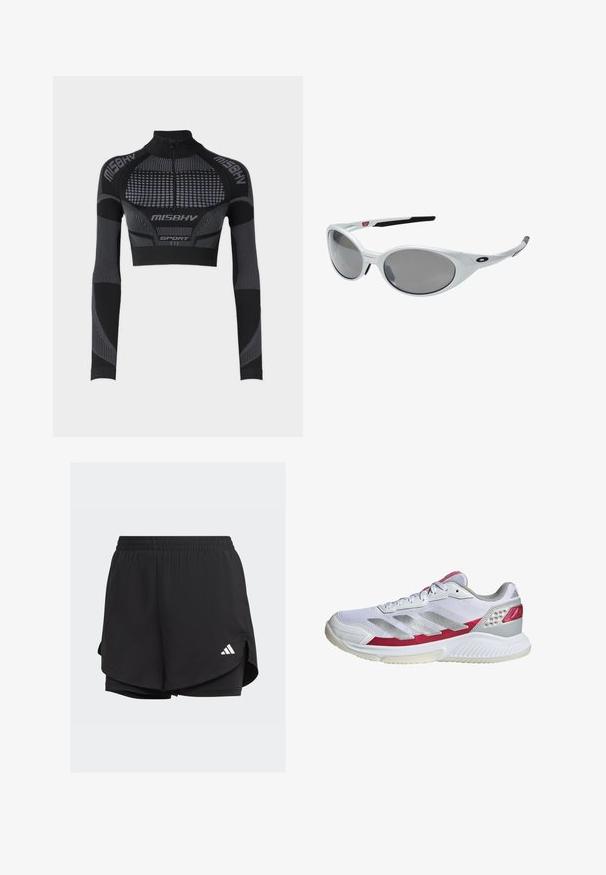 Black cropped athletic top with long sleeves, high collar, half-zipper, textured panels, and contrasting gray lines and accents.; Black athletic shorts with an elastic waistband, layered design, inner fitted shorts, and a white logo on the lower left side.; White athletic shoe with a mesh upper, silver stripes, pink accents, and a textured sole. Features padded collar and perforated detailing.; White plastic sunglasses with large oval lenses, gray tinted. Features black ear grips and a small logo on the frame. Smooth finish.