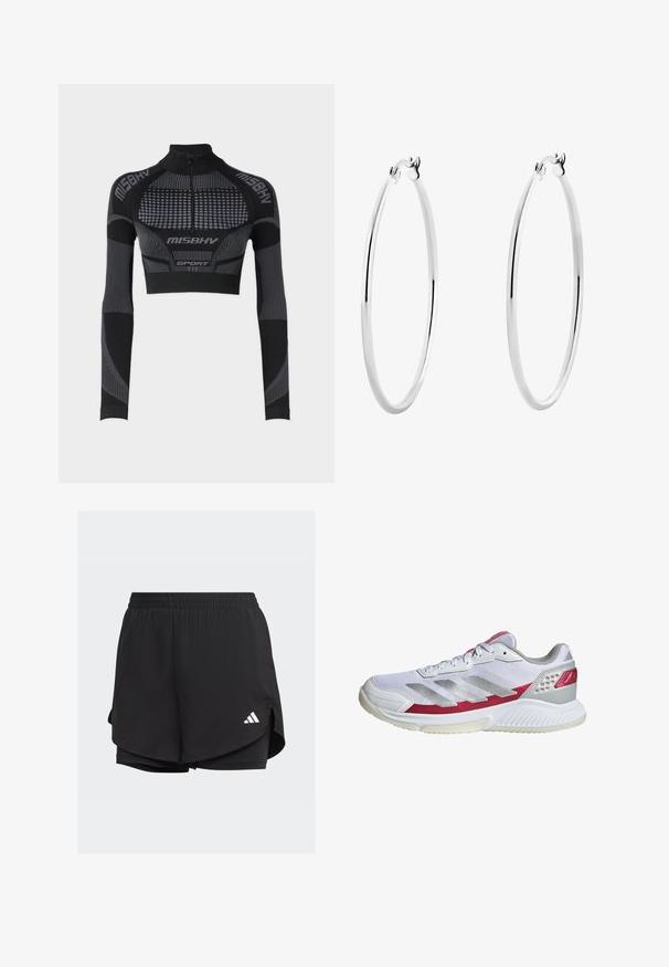 Top atletico nero tagliato con maniche lunghe, colletto alto, mezza cerniera, pannelli testurizzati e linee e accenti grigi a contrasto.; Shorts sportivi neri con cintura elastica, design a strati, pantaloni interni aderenti e un logo bianco sul lato sinistro inferiore.; Scarpa atletica bianca con tomaia in rete, strisce argentate, accenti rosa e suola testurizzata. Presenta un collare imbottito e dettagli perforati.; Orecchini a cerchio in argento con una superficie liscia e lucida e una forma circolare sottile. Il design presenta una chiusura sicura.