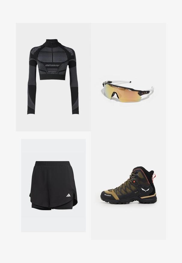 Haut de sport noir court avec manches longues, col montant, demi-fermeture éclair, panneaux texturés et lignes et accents gris contrastants.; Shorts de sport noirs avec une taille élastique, un design superposé, des shorts ajustés à l'intérieur et un logo blanc en bas à gauche.; Botte de randonnée mi-hauteur en noir et vert olive, dotée d'une tige en mesh, d'une semelle en caoutchouc et d'accents texturés avec une languette à l'arrière.; Lunettes de soleil avec une monture noir et blanc, de grandes lentilles réfléchissantes aux nuances dorées et roses, un design aérodynamique et un bord extérieur élargi.