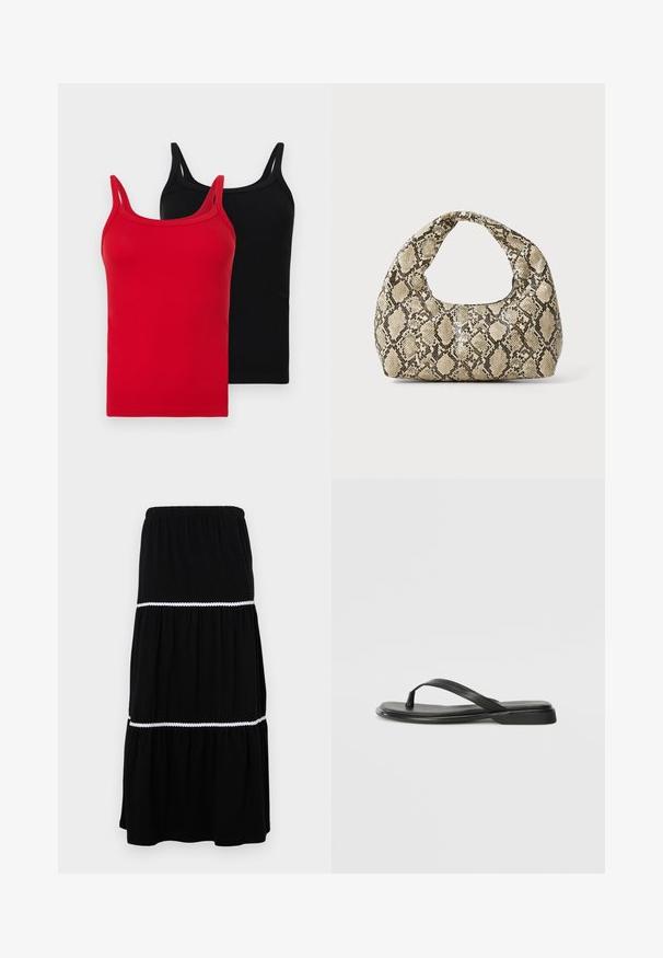 Two ribbed tank tops in red and black. Each has thin straps, a slim fit, and a soft cotton texture. No visible logos or patterns.; Black tiered maxi skirt made of soft fabric; features elastic waistband and white scalloped trim between tiers for added detail.; Black flip-flop made of smooth leather, featuring a thin strap design and a flat sole with a minimal profile. No notable patterns or accents.; Snake-print handbag with a curved handle. Made from textured, beige and brown materials, featuring a distinctive diamond pattern.