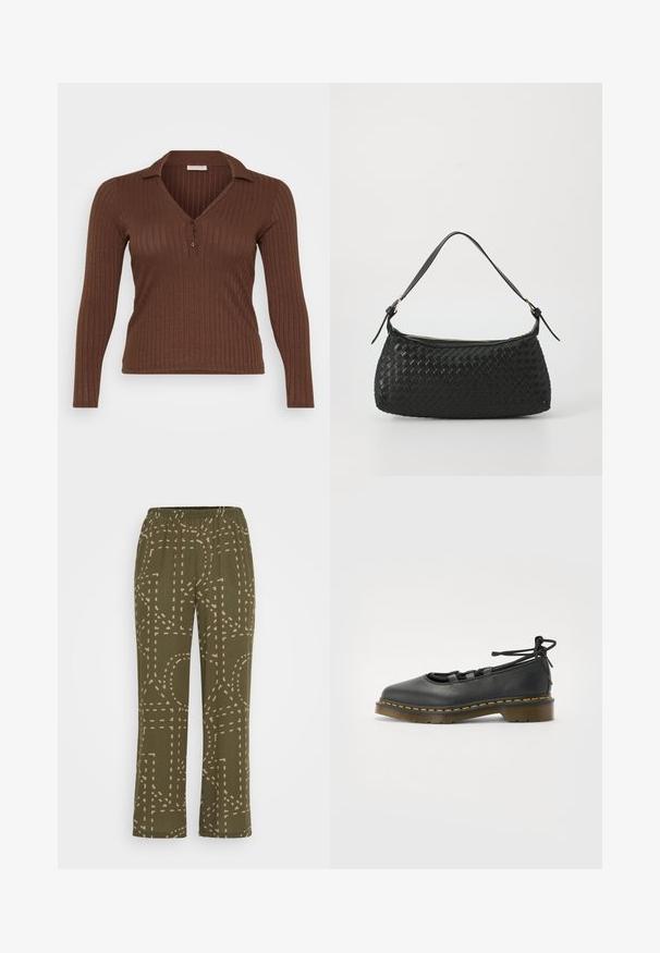 Barna bordázott, hosszú ujjú felső, V-nyakú gallérral és gombos pánttal, puha, texturált anyagból készült.; Olivezöld nadrág, puha, szőtt textúrával, geometrikus bézs, szaggatott mintázattal. Rugalmas derékpánt a kényelem és a rugalmasság érdekében.; Fekete bőr cipő lekerekített orral, alacsony sarokkal, fűzős részletekkel és sárga varrással a talpnál. Simább textúra matt felülettel.; Fekete szőtt válltáska sima bőrszíjjal és cipzáros záródással. Texturált felülete és ívelt formája van.