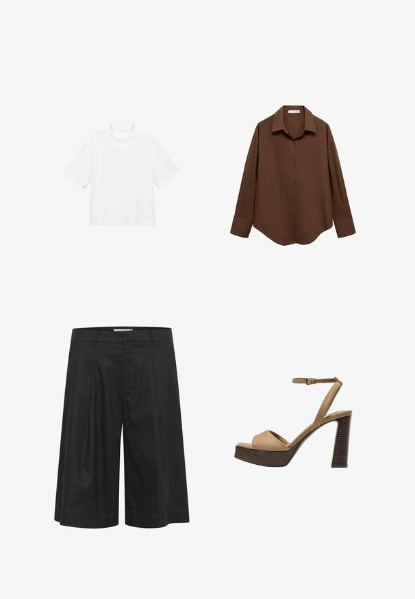 Biely bavlnený tričko s krátkym rukávom a okrúhlym výstrihom. Jednoduchý dizajn, voľný strih, hladká textúra. Žiadne vzory ani akcenty nie sú viditeľné.; Mango Blúzka so zapínaním na gombíky - brown; Čierne nohavice s voľným, širokým strihom, so skladaným predným dielom a hladkým povrchom. Vyrobené z ľahkej tkaniny. Sedí na páse.; Bežové semišové sandále na vysokom opätku s širokým predným pásom a pásikom okolo členka, ktoré majú masívny drevený blokový opätok s textúrovaným povrchom.