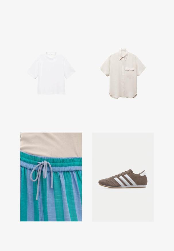 Bijela pamučna majica kratkih rukava s okruglim izrezom. Jednostavan dizajn, slobodan kroj, glatka tekstura. Nema vidljivih uzoraka ili akcenta.; Košulja s kratkim rukavima, svijetlosmeđa, s dugmadi sprijeda i jednim džepom na prsima. Izrađena od mekog, teksturiranog materijala.; Lagani platneni materijal plave i zelene pruge s elastičnim pojasom i zatvaranjem na vezanje. Teksturirana površina s suptilnim sjajem.; Smeđi zamakani sportski tenisice s bijelim prugama, okrugli vrh, vezanje, i potplat od gumene smole. Teksture gornjeg dijela s detaljima šivanja.