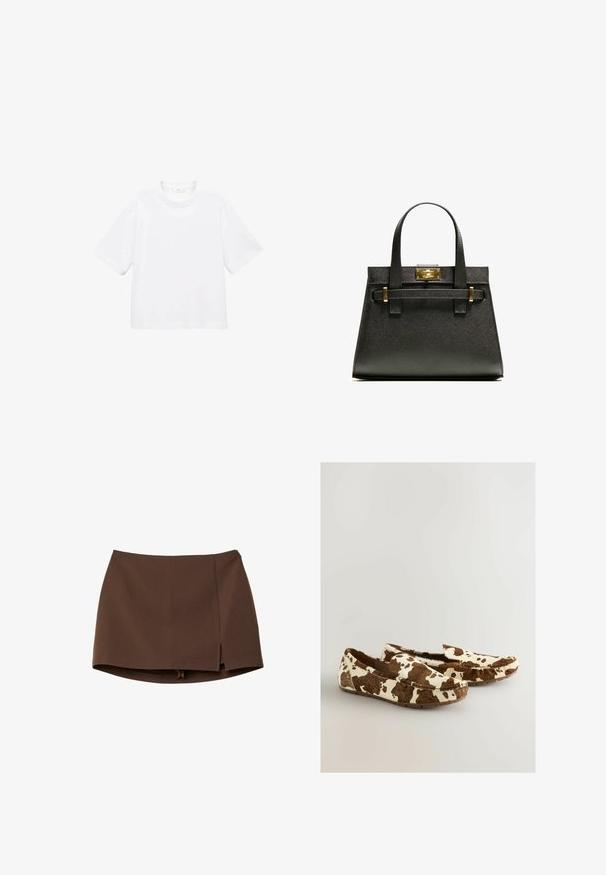 Bela bombažna majica s kratkimi rokavi in okroglo ovratnikom. Preprost dizajn, ohlapen kroj, gladka tekstura. Brez vzorcev ali vidnih poudarkov.; Rjava mini krilo iz gladkega blaga, z sprednjim razporkom, čistimi linijami in strukturirano prileganjem. Brez žepov ali izrazitih kovinskih detajlov.; Loaferji s kravjim vzorcem, izdelani iz mehkega materiala z rjavimi in belimi vzorci, s sistemom za enostavno obuvanje in ravnim gumijastim podplatom.; Črna strukturirana toaletna torba z kratkimi ročaji, ki ima zlat zaklep in poudarke. Oblikovanje je strukturirano, s geometrijsko silhueto.