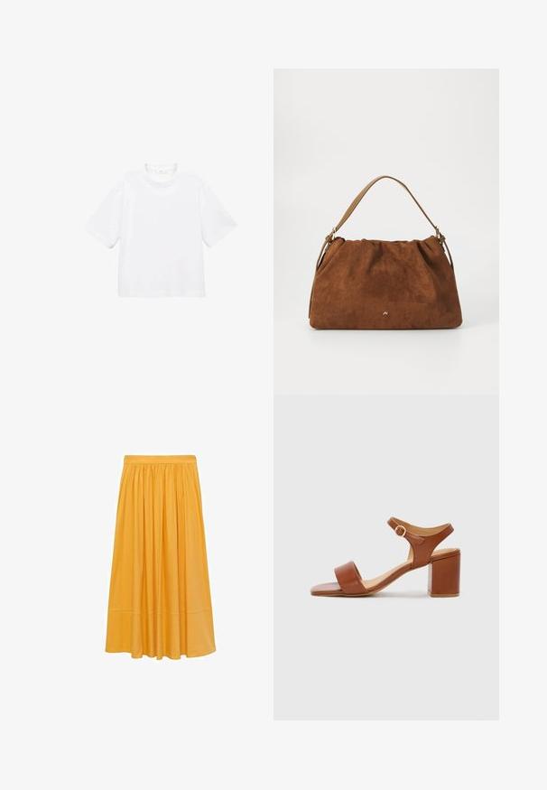 White cotton short-sleeve t-shirt with a round neckline. Simple design, loose fit, smooth texture. No patterns or accents visible.; Mustard yellow midi skirt, made of lightweight fabric, features a gathered waist and flowing silhouette with a smooth texture and subtle sheen.; Brown leather heeled sandal with a square toe, adjustable ankle strap, and a block heel. Smooth texture and minimal design features.; Brown suede handbag with a gathered design, featuring a single tan leather strap and a subtle gold logo detail on the front.