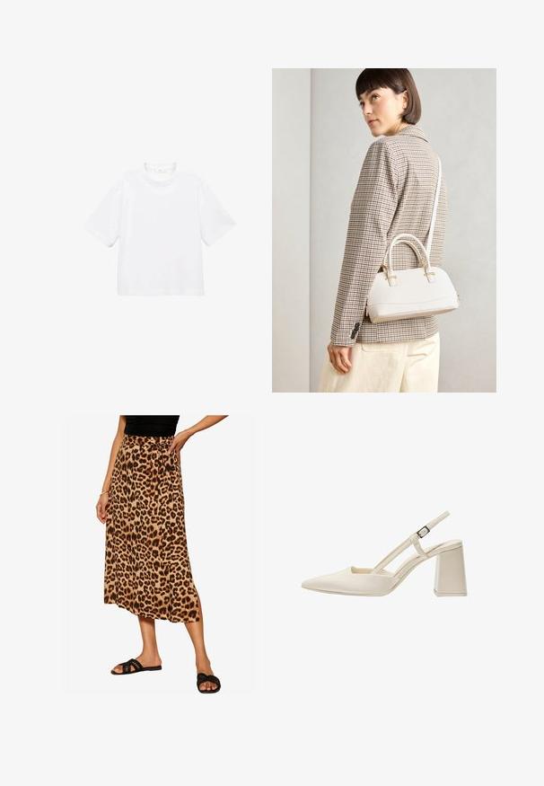 Tricou alb din bumbac, cu mânecă scurtă și guler rotund. Design simplu, croială lejeră, textură fină. Nu sunt vizibile modele sau accente.; Friends Like These SPUN BIAS MIDI REGULAR FIT - Fustă în formă de A - brown leopard; Pantofi slingback bej cu vârf ascuțit, finisaj lucios din patent, toc mediu bloc și curea ajustabilă. Design minimalist cu laturi deschise.; Geantă structurată albă, cu mânere scurte și curea de umăr, având accente din metal aurit și material texturat, expusă pe un fundal gri.