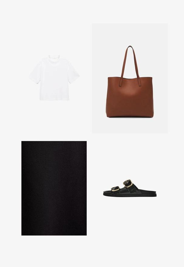 T-shirt bianca in cotone a maniche corte con scollatura rotonda. Design semplice, vestibilità ampia, texture liscia. Nessun motivo o accento visibile.; Touché Privé Gonna lunga - black; Infradito neri con due accenti di fibbia dorata, materiale dalla texture liscia, suola piatta e design minimalista.; Borsa tote in pelle marrone con texture liscia, design con apertura superiore e due spallacci. Presenta cuciture minime e nessun hardware visibile.