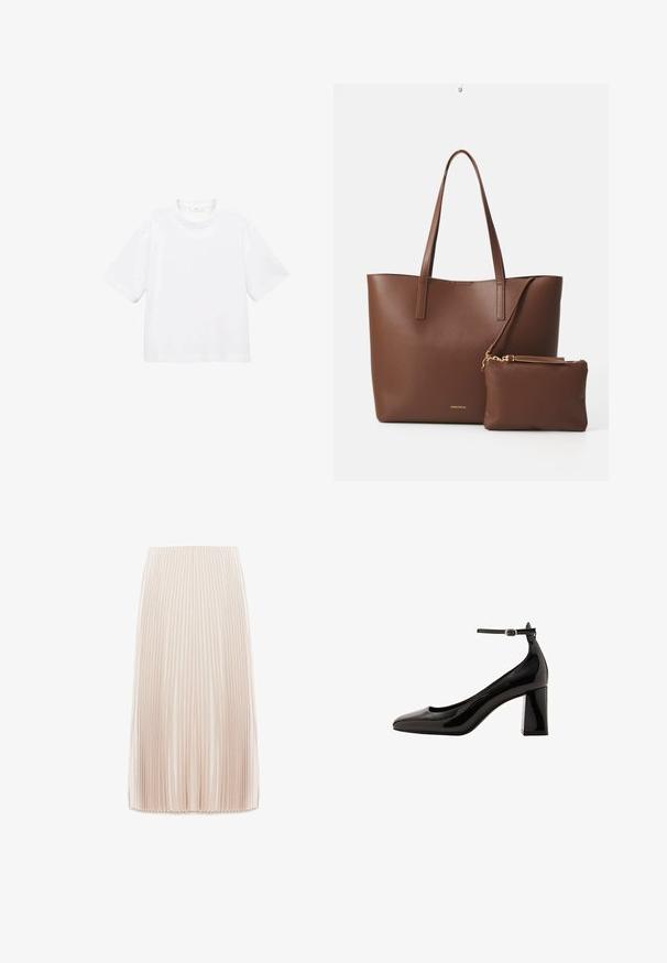Biely bavlnený tričko s krátkym rukávom a okrúhlym výstrihom. Jednoduchý dizajn, voľný strih, hladká textúra. Žiadne vzory ani akcenty nie sú viditeľné.; Záhybová midi sukňa v svetlej béžovej farbe, vyrobená z hladkej tkaniny, s úzkymi vertikálnymi záhybmi a elastickým pásom.; Čierne lakované lodičky na členku s lesklým povrchom, špicatou špičkou a širokým blokovým podpätkom. Hladká textura, minimálne detaily.; Hnedá taška z umelej kože s dvoma dlhými uchami a zodpovedajúcou malou taštičkou. Povrch má textúrovaný vzor a akcenty zlatého kovania.