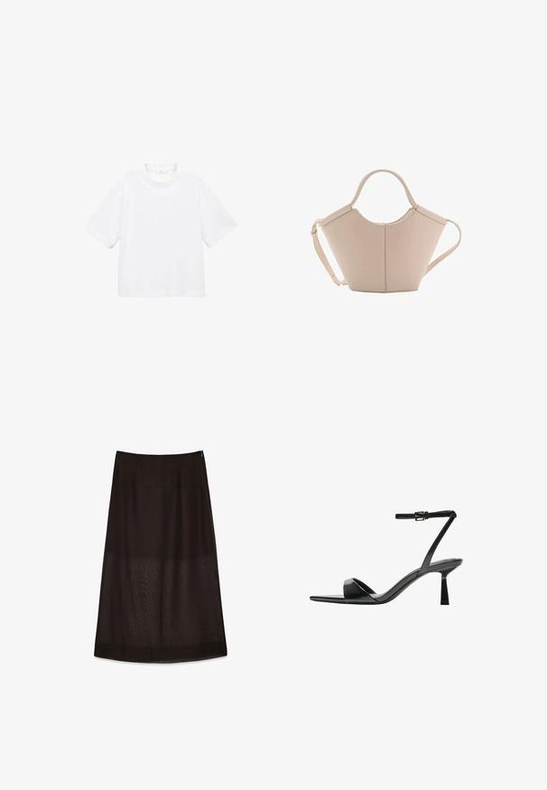 Biely bavlnený tričko s krátkym rukávom a okrúhlym výstrihom. Jednoduchý dizajn, voľný strih, hladká textúra. Žiadne vzory ani akcenty nie sú viditeľné.; Čierna midi sukňa s hladkým povrchom, ktorá má jemný lesk, zips skrytý na boku a splývavý tvar do A.; Bershka Sandále na vysokom opätku - black; Béžová kožená kabelka s unikátnym tvarom, vybavená dvoma krátkymi uchami a jedným dlhým nastaviteľným popruhom. Hladký povrch s minimálnym kovovým príslušenstvom.