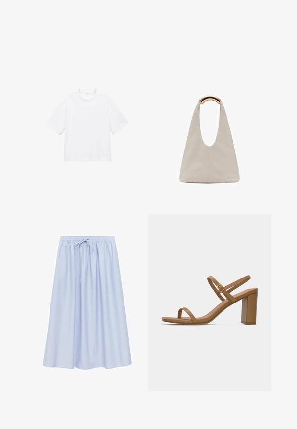 Bela bombažna majica s kratkimi rokavi in okroglo ovratnikom. Preprost dizajn, ohlapen kroj, gladka tekstura. Brez vzorcev ali vidnih poudarkov.; Svetlo modra krilna krila do kolen z ohlapnim krojem, z elastičnim pasom in nastavljivimi zaveznimi trakovi. Gladek, lahkoten material.; Svetlo rjave sandale s peto, ki imajo dva tanka traka in kvadratno blok peta. Gladek material z minimalnim dizajnom in majhnim zlatim sponko.; Svetlo siva usnjena torba z U-oblika zasnovo in ukrivljenim kovinskim ročajem. Gladka tekstura z minimalnim šivom in brez vidnih vzorcev.