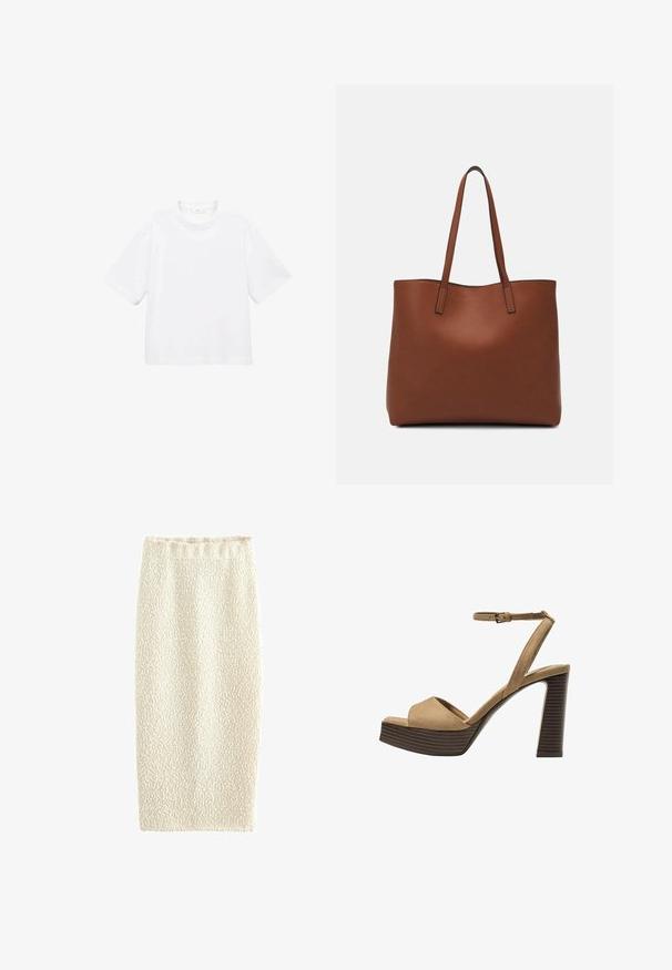 Witte katoenen t-shirt met korte mouwen en een ronde hals. Eenvoudig ontwerp, losse pasvorm, gladde textuur. Geen patronen of accenten zichtbaar.; Brede gebreide kokerrok in crème met een gestructureerd oppervlak, een elastische tailleband en een aansluitende snit, ontworpen voor een gestroomlijnde uitstraling.; Beige suède hoge hakken sandalen met een brede voorband en enkelband, met een dikke houten blokhak met een gestructureerde afwerking.; Bruine leren tote bag met een gladde textuur, een ontwerp met een open bovenkant en twee schouderbanden. Kenmerkt zich door minimale stiksels en geen zichtbare hardware.
