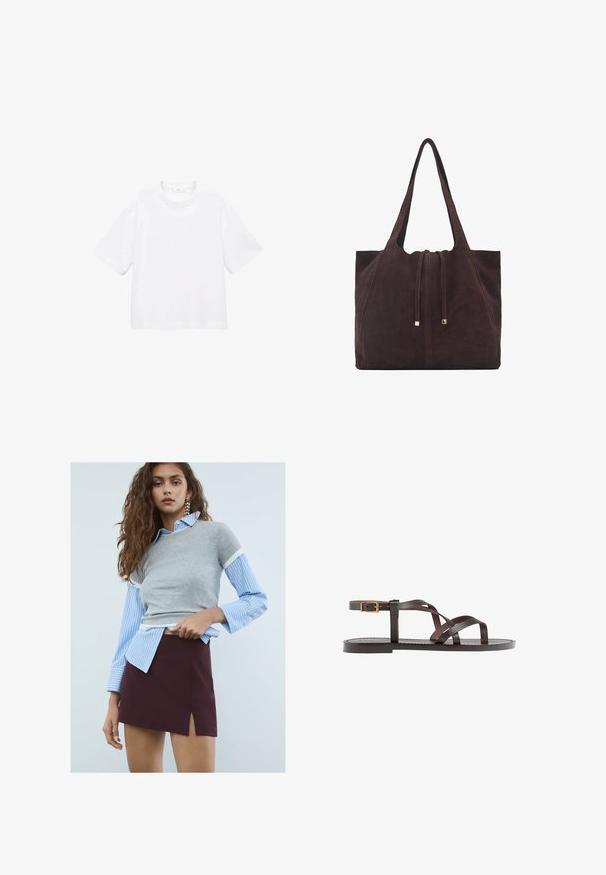 Bela bombažna majica s kratkimi rokavi in okroglo ovratnikom. Preprost dizajn, ohlapen kroj, gladka tekstura. Brez vzorcev ali vidnih poudarkov.; Mlada ženska z dolgimi valovitimi lasmi, ki nosi uhane v obliki zvezd, modro črtasto majico z sivo kratkoročnimi rokavi in maroon krilo z odprtino spredaj.; Rjav usnjen sandal z načinom prečnega črta, zaklepom okoli gležnja in ravnim podplatom z minimalnimi šivi.; Mango Torba za nakupovanje - dark brown