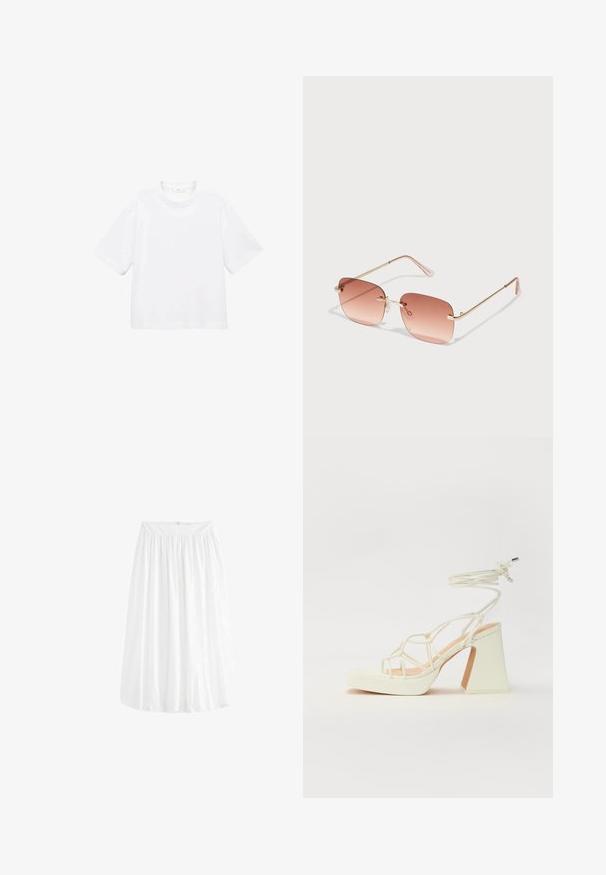 Bílý bavlněný tričko s krátkým rukávem a kulatým výstřihem. Jednoduchý design, volný střih, hladká textura. Žádné vzory ani zvýraznění nejsou viditelné.; Bílá sukně po kolena vyrobená z lehkého materiálu. Má elastický pas pro přizpůsobení velikosti a jemné skládání.; Bílé sandály na vysokém podpatku s robustním podpatkem, s designem s pásky a zavazováním kolem kotníku. Hladký povrch s platformou vpředu pro zvýšení výšky.; Obroučky na sluneční brýle v obdélníkovém tvaru se gradientními růžovými skly, zlatým kovovým rámem a růžovými nohami. Obsahují malé nosní podložky a jemné detaily na závěsech.; Bílá kabelka na rameno s texturovaným povrchem, centrálním akcentem v podobě spony a zakřiveným tvarem. Zipové uzávěry na obou stranách.