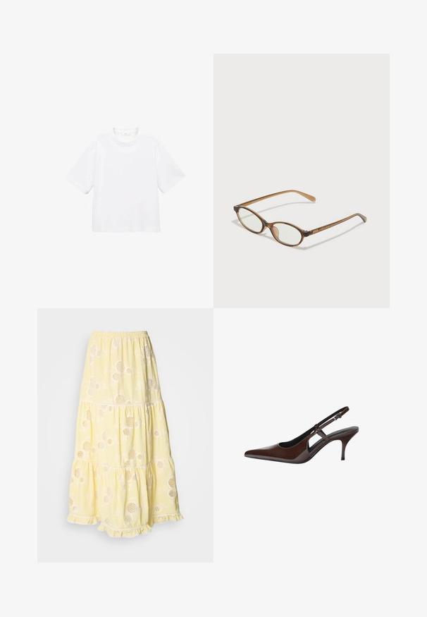 T-shirt bianca in cotone a maniche corte con scollatura rotonda. Design semplice, vestibilità ampia, texture liscia. Nessun motivo o accento visibile.; Gonna gialla a strati realizzata in tessuto leggero, con motivi floreali e ritagli circolari. Fascia elastica in vita e bordino in pizzo all'orlo.; Pompa slingback in pelle lucida marrone con punta affusolata, tagli aperti e tacco sottile. Presenta una fascetta con fibbia regolabile.; Occhiali tortoiseshell marroni con lenti ovali, aste sottili e dettagli trasparenti. Presentano un logo sottile sulla tempia. Design elegante e leggero.; Borsa a mano bianca strutturata con manici corti e tracolla, dotata di dettagli in metallo dorato e materiale testurizzato, esposta su uno sfondo grigio.