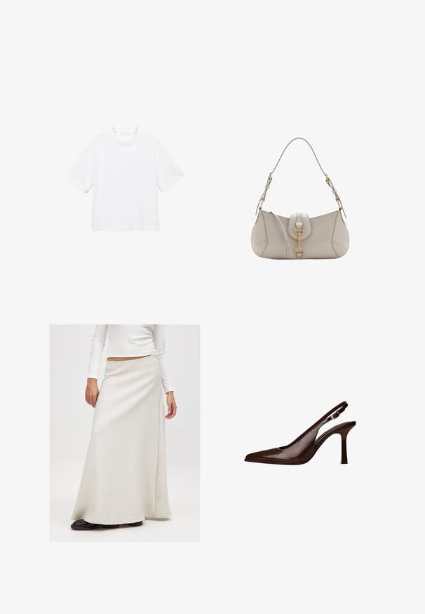 Witte katoenen t-shirt met korte mouwen en een ronde hals. Eenvoudig ontwerp, losse pasvorm, gladde textuur. Geen patronen of accenten zichtbaar.; Lange witte textuur rok met een wikkelontwerp, gemaakt van een zachte stof en met een vloeiende silhouet, gecombineerd met donkere platte schoenen.; Bruine lederen slingbackpomp met een spitse neus en een dunne hak. Voorzien van een kleine accentgesp op de band en een glossy afwerking.; Lichtgrijze leren handtas met een gebogen vorm, gouden accenten, een sluiting aan de voorkant en gestikte details. Inclusief verstelbare schouderriem.