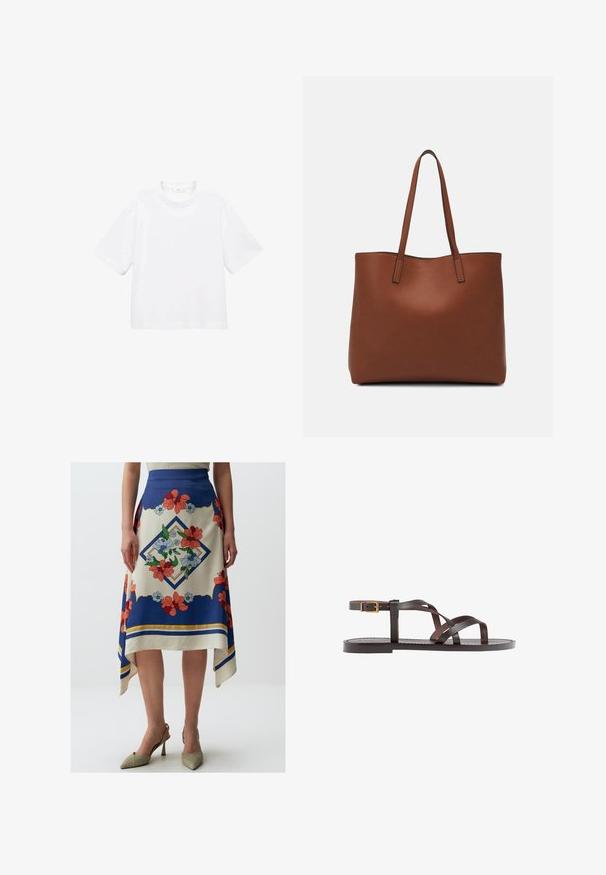 T-shirt blanc en coton à manches courtes avec un col rond. Design simple, coupe décontractée, texture lisse. Aucun motif ni accent visible.; Jimmy Key FLORAL PATTERNED MIDI - Jupe trapèze - mixed; Sandale en cuir marron avec des brides entrecroisées, une fermeture à boucle à la cheville et une semelle plate avec des détails de couture minimaux.; Sac fourre-tout en cuir marron avec une texture lisse, design à ouverture supérieure et deux poignées pour le porter à l'épaule. Présente des coutures minimales et aucun matériel visible.