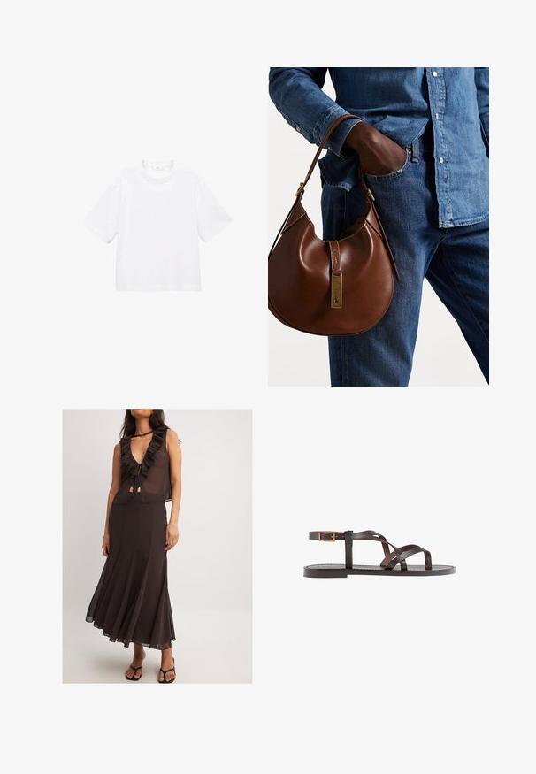 Bela bombažna majica s kratkimi rokavi in okroglo ovratnikom. Preprost dizajn, ohlapen kroj, gladka tekstura. Brez vzorcev ali vidnih poudarkov.; Rjava brezrokavna obleka z nabranim V-izrezom, zavezanim spredaj in ohlapnim krilom. Lahka tkanina in prilegajoč pas poudarjata silhueto.; Rjav usnjen sandal z načinom prečnega črta, zaklepom okoli gležnja in ravnim podplatom z minimalnimi šivi.; Rjava usnjena hobo torba zaobljene oblike, ki vsebuje zlatokovinske dodatke in kontrastno šivanje. V kombinaciji z denim srajco in kavbojkami.