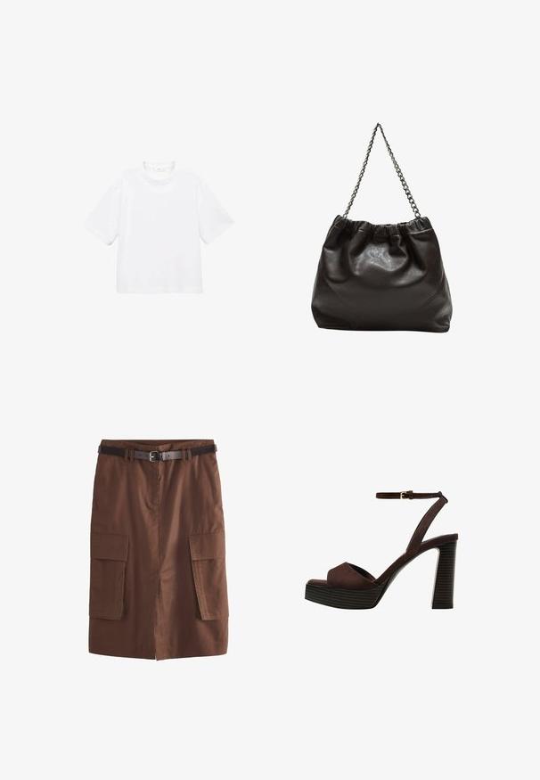 Bílý bavlněný tričko s krátkým rukávem a kulatým výstřihem. Jednoduchý design, volný střih, hladká textura. Žádné vzory ani zvýraznění nejsou viditelné.; Hnědá bavlněná sukně s délkovým střihem ke středu lýtek, páskem v pase, předním rozparkem a dvěma velkými náprsními kapsami pro praktičnost.; Hnědé semišové sandály na vysokém podpatku s otevřenou špičkou, nastavitelným páskem kolem kotníku a proužkovou platformou.; Hnědá kožená taška se sbíraným vrškem a řetízkovým popruhem. Hladký povrch s lesklým finišem a jemným švem na bocích.