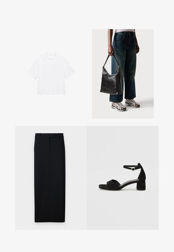 Bílý bavlněný tričko s krátkým rukávem a kulatým výstřihem. Jednoduchý design, volný střih, hladká textura. Žádné vzory ani zvýraznění nejsou viditelné.; Černá, rovná sukně vyrobená z hladké látky. Má pásek s poutky a čistě zakončené švy. Minimalistický design.; Černé sametové sandály na podpatku s tenkým řemínkem kolem kotníku, otevřenou špičkou a skromným blokovým podpatkem. Hladká textura a minimální akcenty.; Černá kožená kabelka přes rameno se hladkým povrchem a nastavitelným popruhem, spárovaná s vybledlými džínami širokého střihu a sportovními teniskami.