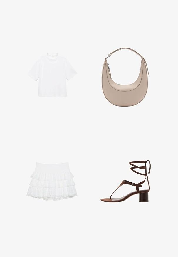 T-shirt bianca in cotone a maniche corte con scollatura rotonda. Design semplice, vestibilità ampia, texture liscia. Nessun motivo o accento visibile.; Gonna mini bianca a strati realizzata in pizzo texturizzato con tre strati. La vita elastica offre elasticità. Nessun ulteriore abbellimento.; Sandalo alto in suede marrone con una fascia triangolare sulla punta, lacci alla caviglia e un tacco a blocco texture per maggiore stabilità.; Borsa a spalla in pelle beige con forma a mezzaluna, texture liscia e un'unica maniglia curva. Presenta una chiusura con zip e cuciture curate.