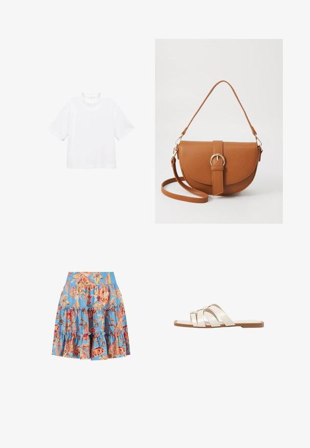 Biely bavlnený tričko s krátkym rukávom a okrúhlym výstrihom. Jednoduchý dizajn, voľný strih, hladká textúra. Žiadne vzory ani akcenty nie sú viditeľné.; Sukňa v modrom odeve s kvetinovým vzorom, s volánmi a elastickým pásom. Farby zahŕňajú oranžovú, žltú a čierne detaily.; Ploché sandále s hnedou gumovou podrážkou, navrhnuté s tromi prekrývajúcimi sa bielymi koženými popruhmi a malou mašličkou uprostred.; Hnedá kožená kabelka cez telo s zakriveným tvarom, zlatými kovovými doplnkami a akcentom s prackou. Obsahuje odnímateľný ramenný popruh.
