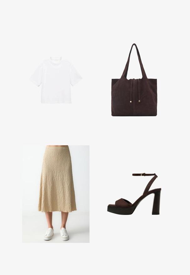 T-shirt blanc en coton à manches courtes avec un col rond. Design simple, coupe décontractée, texture lisse. Aucun motif ni accent visible.; Jupe beige, longueur genoux, en tissu texturé avec un ourlet ondulé. Associée à des baskets blanches.; Sandale à talons hauts en suede marron avec un bout ouvert, une bride de cheville réglable et une semelle de plateforme rayée.; Mango Cabas - dark brown