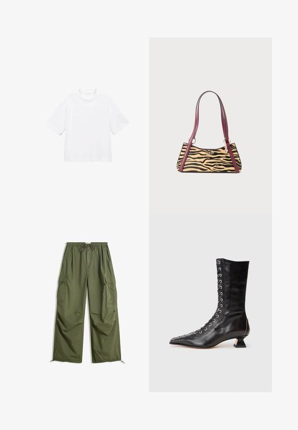 T-shirt bianca in cotone a maniche corte con scollatura rotonda. Design semplice, vestibilità ampia, texture liscia. Nessun motivo o accento visibile.; Pantaloni cargo verde oliva con vita elastica, coulisse, tasche laterali con pattina e orli regolabili, disposti piatti su sfondo bianco.; Stivale ankle in pelle nera con punta affusolata, lacci frontali, occhielli in metallo, tacco a blocco basso e design elegante. Texture liscia, silhouette moderna.; Piccola borsa a mano con motivo a tigre, manici in pelle bordeaux, logo Guess color oro e un ciondolo appeso all'anello della tracolla.