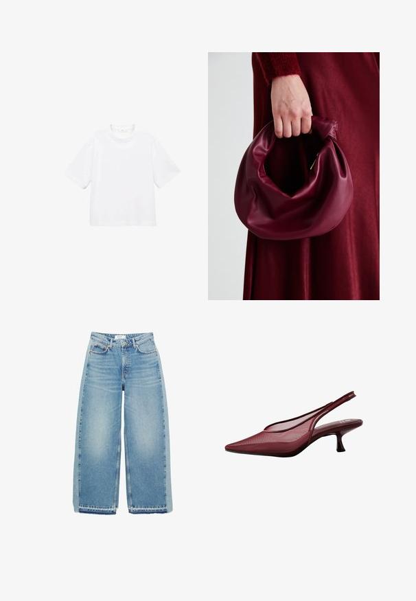 T-shirt blanc en coton à manches courtes avec un col rond. Design simple, coupe décontractée, texture lisse. Aucun motif ni accent visible.; Jeans larges bleu clair en denim, dotés d'une taille haute, d'une fermeture à bouton, de poches avant et d'un ourlet brut.; Escarpins bordeaux à talon ouvert avec un bout pointu et une tige en maille. Ils présentent un talon fin et un design découpé, offrant une silhouette élégante.; Sac à main en cuir bordeaux au design doux et froncé, avec une forme arrondie. La poignée est fixée, mettant en valeur une texture lisse.