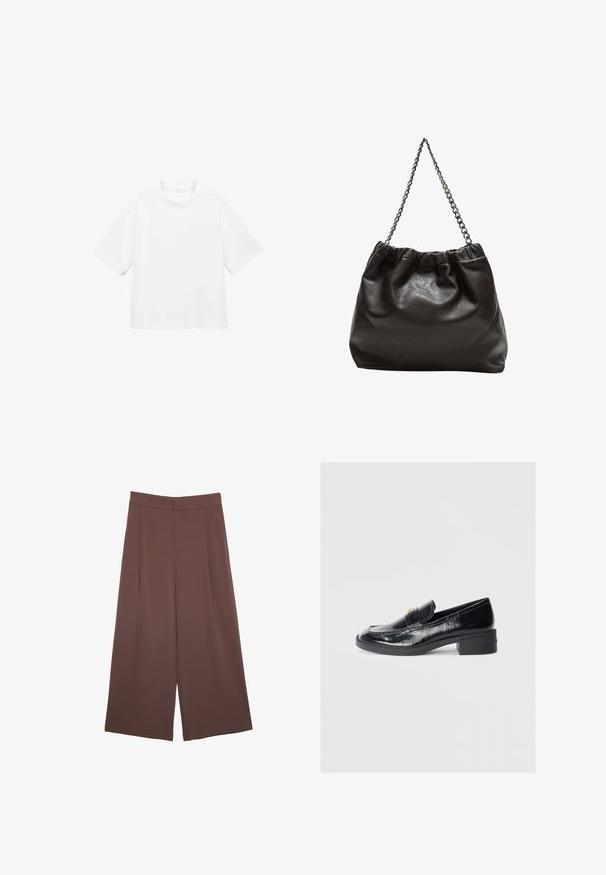 Witte katoenen t-shirt met korte mouwen en een ronde hals. Eenvoudig ontwerp, losse pasvorm, gladde textuur. Geen patronen of accenten zichtbaar.; Bruine wijde broek met een gladde textuur, voorzien van een hoge taille en plooien aan de voorkant. De stof is lichtgewicht en valt losjes.; Zwarte gepatineerde leren instappers met een lage blokhak, voorzien van een gestikt ontwerp en goudkleurige decoratieve accenten op het bovenwerk.; Bruine leren tas met een geplooide bovenkant en een kettinghengsel. Glad textuur met een glanzende afwerking en subtiele naaddetails aan de zijkanten.