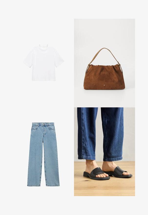White cotton short-sleeve t-shirt with a round neckline. Simple design, loose fit, smooth texture. No patterns or accents visible.; Mango Relaxed fit jeans - blue; Black slip-on sandals made of smooth material, featuring an open toe and a wide top band, set against dark denim pants with a straight fit.; Brown suede handbag with a gathered design, featuring a single tan leather strap and a subtle gold logo detail on the front.