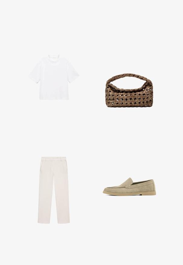 Weißes Baumwoll-T-Shirt mit kurzen Ärmeln und rundem Ausschnitt. Einfaches Design, lockere Passform, glatte Textur. Keine Muster oder Verzierungen sichtbar.; Off-white gerade geschnittene Hose mit Gürtelschlaufen, Seitentaschen und einem verdeckten Frontverschluss.; Beige Wildleder-Loafers mit einer flachen, flexiblen Gummisohle, einer abgerundeten Spitze und dezenten Stickakzenten entlang der Oberseite.; Geflochtener brauner Handtasche in rechteckiger Form, mit strukturiertem Griff und texturierter Oberfläche. Verfügt über einen geschlossenen oberen Teil und ein ausgeklügeltes Geflechtmuster.