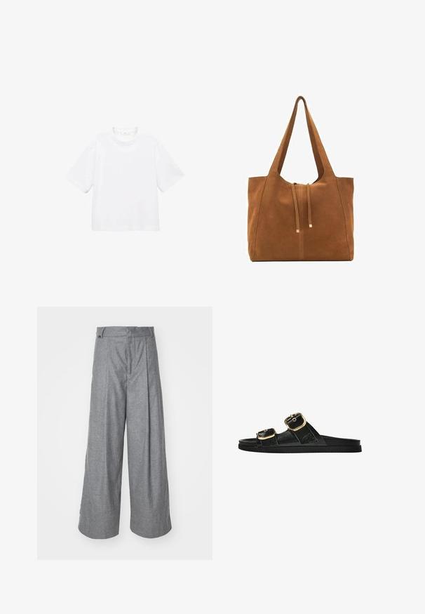 White cotton short-sleeve t-shirt with a round neckline. Simple design, loose fit, smooth texture. No patterns or accents visible.; Grey wide-leg trousers made of soft fabric, featuring a high waist, front pleats, and a subtle logo tag on the waistband.; Black slide sandal with two gold buckle accents, smooth textured material, flat sole, and a minimalist design.; Brown suede tote bag with two long straps, drawstring closure, and minimalistic design. Smooth texture and no visible hardware accents.