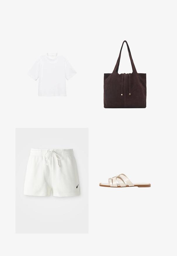 Bílý bavlněný tričko s krátkým rukávem a kulatým výstřihem. Jednoduchý design, volný střih, hladká textura. Žádné vzory ani zvýraznění nejsou viditelné.; Bílé bavlněné sportovní kraťasy s elastickým pasem a šňůrkou, se malým černým logem Nike na levé nohavici.; Ploché sandály s hnědou gumovou podrážkou, navržené se třemi překrývajícími se bílými koženými řemínky a malým mašlí uprostřed.; Mango Velká kabelka - dark brown
