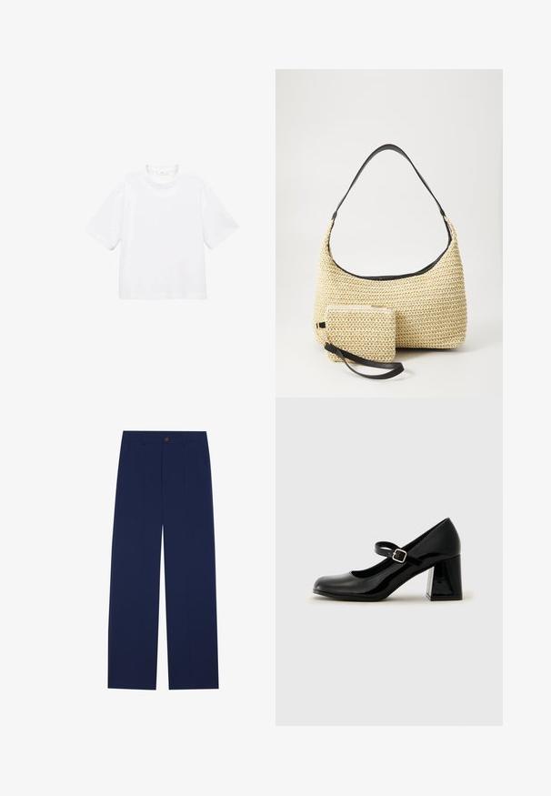 Witte katoenen t-shirt met korte mouwen en een ronde hals. Eenvoudig ontwerp, losse pasvorm, gladde textuur. Geen patronen of accenten zichtbaar.; Marineblauwe wijde broek gemaakt van gladde stof, met voorzakken, een knoopsluiting en een tailormade ontwerp met plooien.; Zwarte gepolijste leren Mary Jane-schoen met een afgeronde neus, verstelbare band en een stevige rechthoekige hak. Gladde textuur met een glanzende afwerking.; Geweven strohandtas met een gebogen silhouet, voorzien van een soepele zwarte leren schouderband en een bijpassend klein zakje dat is bevestigd met een polsband.