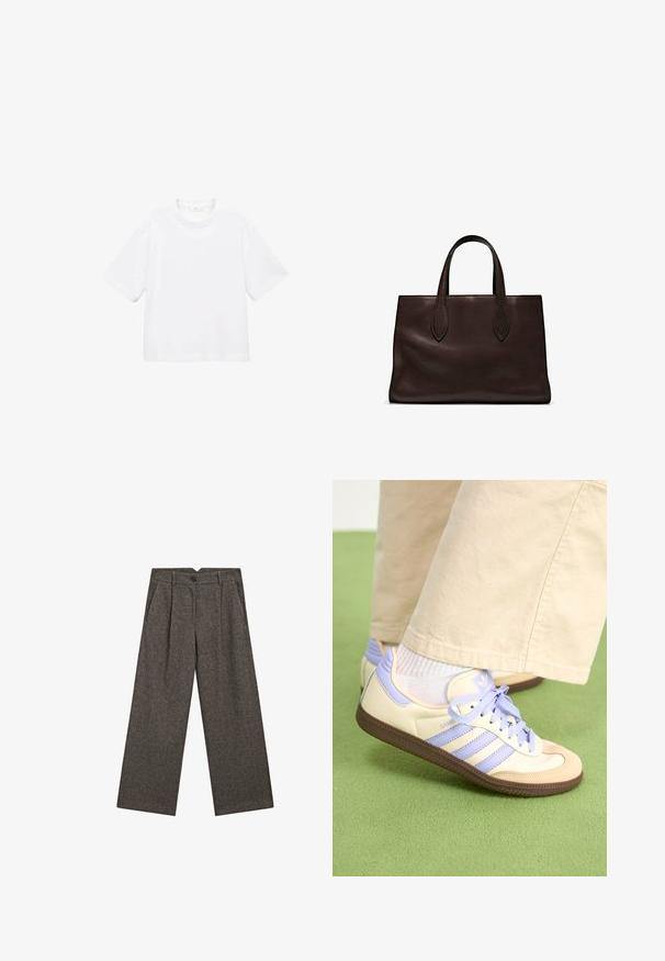Witte katoenen t-shirt met korte mouwen en een ronde hals. Eenvoudig ontwerp, losse pasvorm, gladde textuur. Geen patronen of accenten zichtbaar.; Wijde pijpen, high-waisted, donkergrijze wollen broeken met voorplooien, zijzakken, riemlussen en een zwarte knoopsluiting.; Crème- en lavendel-sneakers met drie strepen en een gestructureerde bruine zool, voorzien van veters en een gewatteerde hiel. Zachte stoffen bovenkant.; Bruine leren tote bag met twee verlengde handvatten, gestructureerde rechthoekige vorm, gladde textuur en subtiele stiksels.