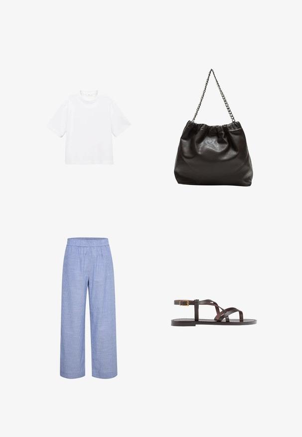 Biely bavlnený tričko s krátkym rukávom a okrúhlym výstrihom. Jednoduchý dizajn, voľný strih, hladká textúra. Žiadne vzory ani akcenty nie sú viditeľné.; Svetlomodré pruhované nohavice s širokými nohavicami a elastickým pásom. Vyrobené z priedušného materiálu, s hladkou, jemnou textúrou a ležérnym strihom.; Hnedé kožené sandály s krížovými popruhmi, uzatváraním na pracku okolo členku a plochou podrážkou s minimálnymi ševmi.; Hnedá kožená taška so zberaným vrchom a reťazovým popruhom. Hladký povrch s lesklým finišom a jemným švom po stranách.