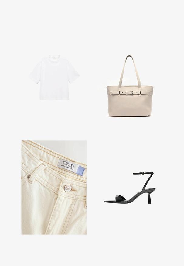 White cotton short-sleeve t-shirt with a round neckline. Simple design, loose fit, smooth texture. No patterns or accents visible.; Wide leg, high-rise jeans made of soft, off-white fabric. Features stitched seams and a metal button with brand detailing and label.; Bershka High heeled sandals - black; Beige leather tote bag with two long handles, a smooth texture, a structured shape, and a buckle accent on the front.