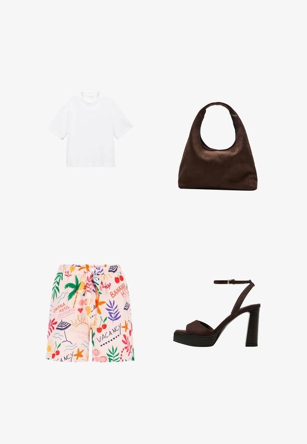T-shirt bianca in cotone a maniche corte con scollatura rotonda. Design semplice, vestibilità ampia, texture liscia. Nessun motivo o accento visibile.; Costume da bagno rosa chiaro con una stampa giocosa che presenta palme, ombrelloni, ciliegie e grafiche a tema vacanza, abbinato a una vita con cordino.; Sandal in camoscio marrone con tacco alto, punta aperta, cinturino alla caviglia regolabile e suola a piattaforma striata.; Borsa hobo di un morbido marrone con una sola tracolla larga e un'apertura a manico curvo, esposta su uno sfondo bianco.