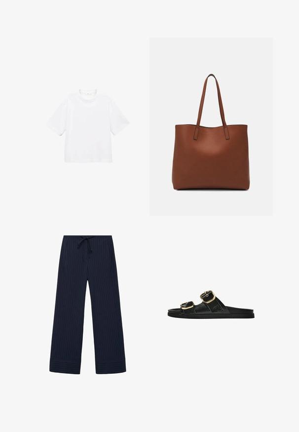 Bela bombažna majica s kratkimi rokavi in okroglo ovratnikom. Preprost dizajn, ohlapen kroj, gladka tekstura. Brez vzorcev ali vidnih poudarkov.; Mornarske široke hlače z vzorcem pinstripe, ki imajo elastičen pas z vrvico, stranske žepe in teksturirano tkanino.; Črne drsne sandale z dvema zlatima zaponkama, gladkega materiala, ravnim podplatom in minimalističnim dizajnom.; Rjava usnjena torba z gladko teksturo, odprto zasnovo zgoraj in dvema naramnima trakovoma. Opremljena je z minimalnim šivanjem in brez vidnih kovinskih delov.