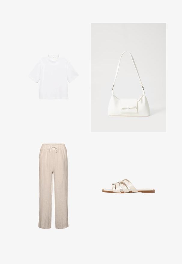 Biely bavlnený tričko s krátkym rukávom a okrúhlym výstrihom. Jednoduchý dizajn, voľný strih, hladká textúra. Žiadne vzory ani akcenty nie sú viditeľné.; Ľanové nohavice svetlo béžovej farby s elastickým pásom a šnúrkou, majú uvoľnený strih a rovný strih nohavíc.; Ploché sandále s hnedou gumovou podrážkou, navrhnuté s tromi prekrývajúcimi sa bielymi koženými popruhmi a malou mašličkou uprostred.; Biela syntetická kabelka s trojuholníkovým tvarom, plochým predným klapkou a detailom mašle, nastaviteľným popruhom, hladkou textúrou a minimalistickým dizajnom.
