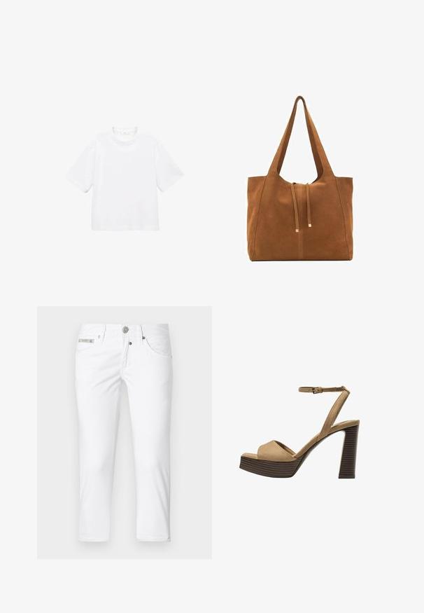 T-shirt blanc en coton à manches courtes avec un col rond. Design simple, coupe décontractée, texture lisse. Aucun motif ni accent visible.; Pantalons en denim blanc à coupe slim, cinq poches et fermeture par bouton. Caractéristiques d'un accent logo métallique sur la taille. Texture lisse.; Sandales à talons hauts en suede beige avec une large bride avant et une bride à la cheville, dotées d'un chunky talon en bois avec une finition texturée.; Sac fourre-tout en suede marron avec deux longues poignées, fermeture à cordon, et design minimaliste. Texture lisse et sans accents matériels visibles.