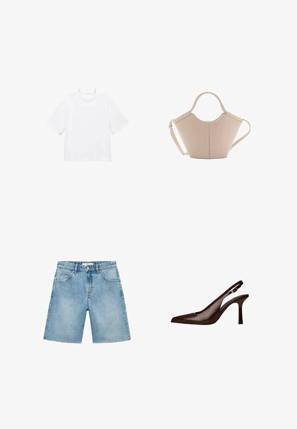 White cotton short-sleeve t-shirt with a round neckline. Simple design, loose fit, smooth texture. No patterns or accents visible.; Light blue denim shorts with a straight cut, five pockets, front button closure, and frayed hem detail. Classic denim texture.; Brown leather slingback pump with a pointed toe and a thin heel. Features a small accent buckle on the strap and a glossy finish.; Beige leather handbag with a unique shape, featuring two short handles and a long adjustable strap. Smooth texture with minimal hardware.