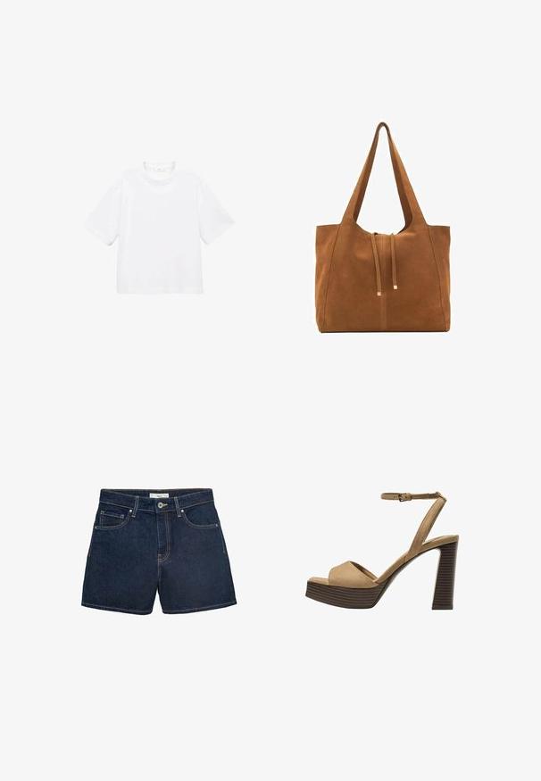 White cotton short-sleeve t-shirt with a round neckline. Simple design, loose fit, smooth texture. No patterns or accents visible.; Denim shorts in dark blue, featuring a fitted waistband, five-pocket design, and contrasting stitching around edges. Classic button closure.; Beige suede high-heeled sandals with a wide front strap and ankle strap, featuring a chunky wooden block heel with a textured finish.; Brown suede tote bag with two long straps, drawstring closure, and minimalistic design. Smooth texture and no visible hardware accents.