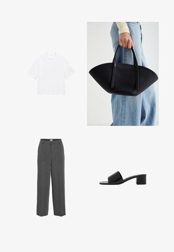 Bela bombažna majica s kratkimi rokavi in okroglo ovratnikom. Preprost dizajn, ohlapen kroj, gladka tekstura. Brez vzorcev ali vidnih poudarkov.; Sive krojene hlače z ravnimi nogami, ravnim sprednjim delom in subtilno teksturo. Imajo pas z obročki za pas in brez vidnih žepov.; Črne usnjene sandale z odprtim prstom in širokim trakom ter trdim blokastim peto. Imajo gladko teksturo in minimalističen dizajn.; Črna usnjena torbica z edinstveno obliko ventilatorja, z ravnimi ročaji. Površina ima teksturo z drobnimi kamni in minimalističen dizajn.