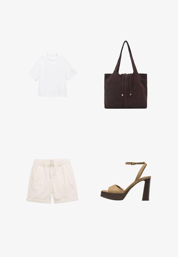 Witte katoenen t-shirt met korte mouwen en een ronde hals. Eenvoudig ontwerp, losse pasvorm, gladde textuur. Geen patronen of accenten zichtbaar.; Lichtbeige shorts van katoen, met een elastische tailleband, voorzakken en opgerolde manchetten. Eenvoudige, geweven stof en een koordsluiting.; Beige suède hoge hakken sandalen met een brede voorband en enkelband, met een dikke houten blokhak met een gestructureerde afwerking.; Mango Shopper - dark brown