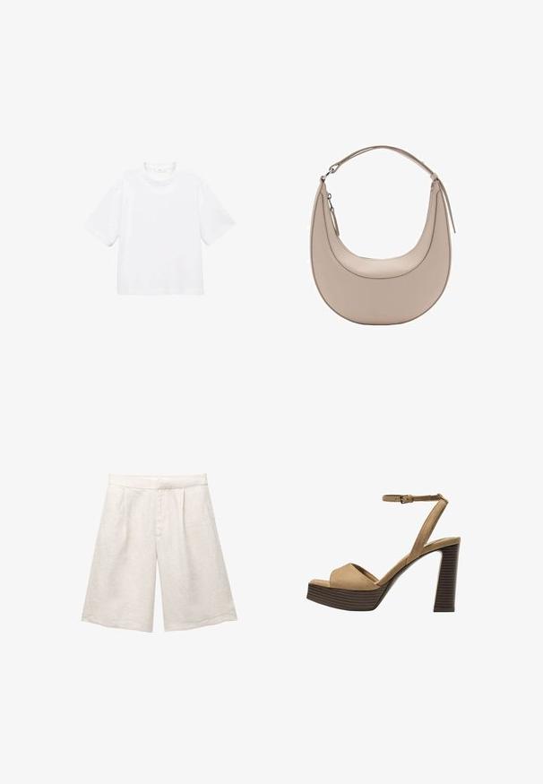 Biely bavlnený tričko s krátkym rukávom a okrúhlym výstrihom. Jednoduchý dizajn, voľný strih, hladká textúra. Žiadne vzory ani akcenty nie sú viditeľné.; Béžové ľanové šortky so širokými nohavicami, s prednými záhybmi a hladkým pásom. Tkanina má jemne textúrovaný povrch.; Bežové semišové sandále na vysokom opätku s širokým predným pásom a pásikom okolo členka, ktoré majú masívny drevený blokový opätok s textúrovaným povrchom.; Béžová kožená taška cez rameno s polkruhovým tvarom, hladkou textúrou a jedným zakriveným uchom. Obsahuje zipsové uzatváranie a úhľadné švy.