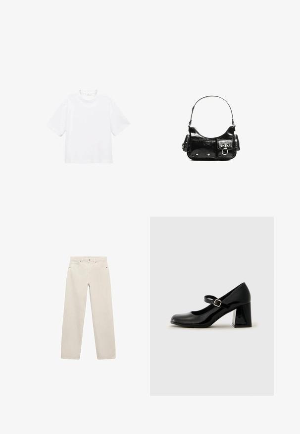 Tricou alb din bumbac, cu mânecă scurtă și guler rotund. Design simplu, croială lejeră, textură fină. Nu sunt vizibile modele sau accente.; Jeans bej, cu picioare largi, din bumbac. Prezintă un design clasic cu cinci buzunare, închidere cu buton și fermoar frontal. Textură netedă, fără modele.; Pantofii Mary Jane din piele patent neagră, cu vârful rotund, curea ajustabilă și toc rectangular, masiv. Textură netedă cu finisaj lucios.; Geantă de mână din piele lăcuită neagră, cu o formă curbată, un umăr, buzunare frontale și accente din metal argintiu.