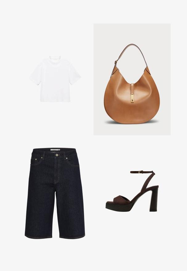 Biely bavlnený tričko s krátkym rukávom a okrúhlym výstrihom. Jednoduchý dizajn, voľný strih, hladká textúra. Žiadne vzory ani akcenty nie sú viditeľné.; Tmavé džínsy s krátkymi nohavicami, stredne vysokým pásom a rovnými nohavicami, s kontrastným oranžovým prešívaním. Obsahujú predné vrecká a zapínanie na gombík.; Hnedé semišové sandále na vysokom podpätku s otvorenou špičkou, nastaviteľným členkovým remienkom a pruhovanou platformovou podrážkou.; Hnedá kožená taška s zakriveným tvarom a širokým ramenným popruhom. Funkcie zlatého kovového akcentu v strede a hladkej textúry.